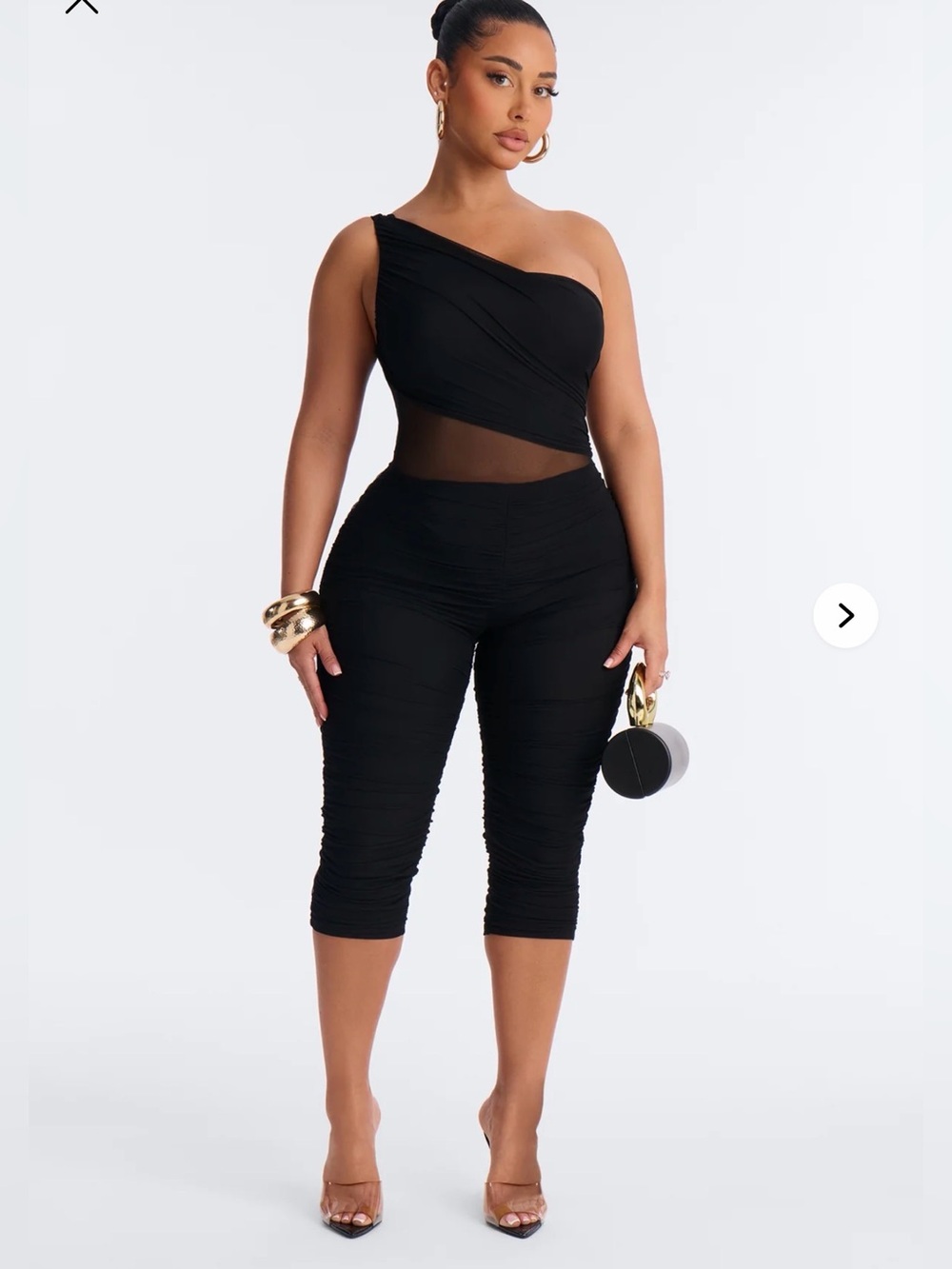 One-Shoulder Black Ruched Capri Jumpsuit